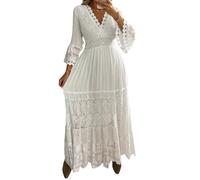 Vestido largo de encaje blanco para mujer, cuello en V, mangas largas acampanadas, cinturón dorado, diseño plisado, boda occidental, bohemio, hippie, playa., Boho Blanco, Large