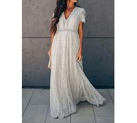 Vestido Largo De Encaje Mujer Sexy Cuello En V Manga Corta Ahueca hacia Fuera Vestido De Novia De Encaje Floral Fiesta Boho Maxi Vestido Blanco Robe Femme-Beige,M