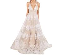 Vestido Largo de Encaje para Mujer con Escote en V Profundo, Bordado de Malla, Vestido Formal Noche sin Mangas, sin Espalda, Largo para invitada Boda, Blanco, Talla Grande