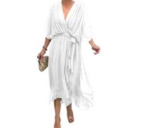 Vestido Largo de Gasa con Falda Larga y Cordones en Color Liso para Mujer, con Mangas murciélago y Cuello en V, Cintura Alta y Capas. (White,XL)