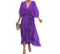 Vestido Largo de Gasa con Falda Larga y Cordones en Color Liso para Mujer, con Mangas murciélago y Cuello en V, Cintura Alta y Capas. (Purple,XXL)