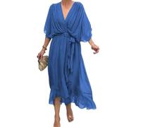 Vestido Largo de Gasa con Falda Larga y Cordones en Color Liso para Mujer, con Mangas murciélago y Cuello en V, Cintura Alta y Capas. (Blue,XXL)