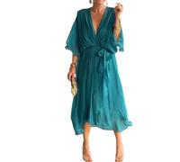 Vestido Largo de Gasa con Falda Larga y Cordones en Color Liso para Mujer, con Mangas murciélago y Cuello en V, Cintura Alta y Capas. (Lake,3XL)