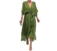 Vestido Largo de Gasa con Falda Larga y Cordones en Color Liso para Mujer, con Mangas murciélago y Cuello en V, Cintura Alta y Capas. (Green,M)