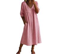 Vestido largo de gasa de lino y algodón para mujer, parche de encaje, media manga, cuello en V, corte fluido, prenda suelta y aireada para temporada cálida, estilo casual de playa, 1D-rosa, S