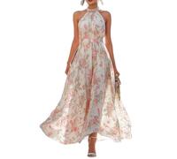 Vestido largo de gasa floral con cuello halter para mujer, sin mangas, cintura alta, fluido, primavera, verano, playa, boda, invitada, rosa, M