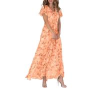 Vestido Largo De Gasa Floral Para Mujer - Vestido Veraniego Elegante Boho Largo Fluido Mangas Con Volantes Atuendo De Playa De Vacaciones Invitada De Boda Fiesta De Cóctel (L,Naranja)