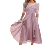 Vestido Largo de Gasa y Encaje para Mujer, Vestido de invitada Boda, Formal Noche Manga Corta, Cuello Redondo, Largo y Fluido, Rosa, Talla Grande