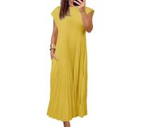Vestido Largo de invitada de Boda para Mujer, Gasa Plisada, Ideal para la Iglesia, con Mangas Cortas y caídas, Color Amarillo, Talla Extragrande.