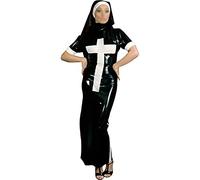 Vestido Largo De Látex Con Ribetes De Hábito De Monja En Los Costados Traje De Cuerpo Entero De Uniforme De Goma Con Cremallera Cruzada En La Espalda,Negro Con Blanco,Medio