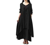 Vestido largo de lino con cuello en V, detalle de medio botón y dobladillo asimétrico para un estilo relajado y bohemio de verano, Negro, 4XL