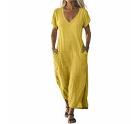 Vestido largo de lino para mujer, con cuello en V, vestido de verano de manga corta con bolsillos laterales, vestido de playa con vuelo, amarillo, XL