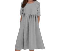 Vestido largo de lino para mujer, cuello redondo, manga cinco décimos corte holgado, gran tamaño, con bolsillos prácticos, un modelo cómodo y elegante para todas las morfologías, vestido de lino para