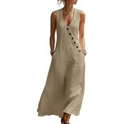 Vestido Largo de Lino para Mujer sin Mangas con Botones, Vestido Largo de algodón con Cuello en V y Botones para Verano (Khaki,M)