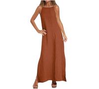 Vestido largo de lino y algodón para mujer, elegante, cuello redondo, sin mangas, tirantes delgados, vestido liso con abertura, dobladillo con abertura, vestido largo para verano, uso casual, mis
