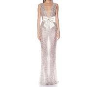 Vestido Largo de Malla con Lentejuelas, Escote En V Pronunciado Gran Lazo Decorativo Sin Mangas Diseño Sexy Con Espalda Descubierta, Cenas de Gala y Fiestas(Weiß,L)