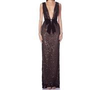 Vestido Largo de Malla con Lentejuelas, Escote En V Pronunciado Gran Lazo Decorativo Sin Mangas Diseño Sexy Con Espalda Descubierta, Cenas de Gala y Fiestas(Schwarz,XS)