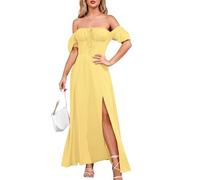 Vestido largo de manga abombada para mujer, con hombros descubiertos, abertura lateral, acampanado, casual, vestido de playa, amarillo, XL