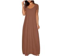 Vestido largo de manga corta con cuello redondo en suave tejido de jersey y ajuste suelto para un estilo veraniego sin esfuerzo, café, 5XL