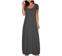 Vestido largo de manga corta con cuello redondo en suave tejido de jersey y ajuste suelto para un estilo veraniego sin esfuerzo, gris oscuro, XL