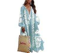 Vestido largo de manga farol para mujer, estilo étnico, cuello en V, bordado floral, manga larga, bohemio, acampanado, casual, vintage, suelto, para vacaciones en la playa, azul claro, XXL