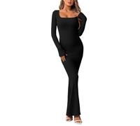 Vestido largo de manga larga para mujer, vestido bodycon con punto acanalado, cuello cuadrado, sexy, vestido bodycon ajustado, elegante, monocolor, vestido de noche, vestido de fiesta, cóctel, O negro
