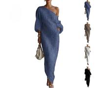 Vestido largo de mezcla de algodón y lino para mujer, color blanco marfil, con un hombro descubierto, casual, bolsillo, manga farol, drapeado, azul, XXL