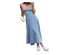 Vestido largo de mezclilla elástica estilo sexy con escote en V y tirantes, estilo europeo y americano, primavera y verano 2025(L)