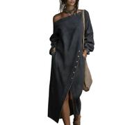 Vestido largo de mezclilla para mujer, manga larga, con un hombro | Silueta drapeada relajada, espaciosa, mangas largas, cuello en ángulo, bolsillos laterales, detalles de botones