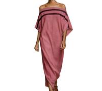 Vestido Largo de Mujer de Lino con Mangas murciélago y Hombros Descubiertos, Corte Recto, Estampado de Rayas y Patchwork, Ideal para Vacaciones de Primavera (L,Deep Pink)