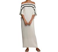 Vestido Largo de Mujer de Lino con Mangas murciélago y Hombros Descubiertos, Corte Recto, Estampado de Rayas y Patchwork, Ideal para Vacaciones de Primavera (L,White)