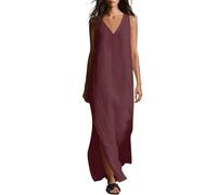 Vestido largo de mujer elegante - Vestido de verano para mujer, sin mangas, talla grande, cuello en V, amplio vestidos de algodón y lino ligero, vestido de color liso con abertura lateral, doble
