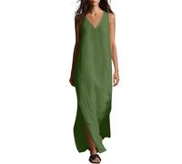 Vestido largo de mujer elegante - Vestido de verano para mujer, sin mangas, talla grande, cuello en V, amplio vestidos de algodón y lino ligero, vestido de color liso con abertura lateral, doble