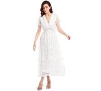 Vestido Largo de Noche con Escote en V Profundo y Encaje Floral para Mujeres, Vestido Corto de Novia con Mangas Cortas para Fiesta de Cóctel y Ceremonia de Bodas, Blanco, L