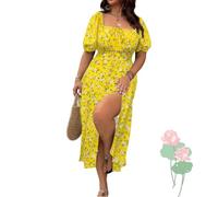 Vestido largo de playa con estampado floral y manga abombada, informal, con cordones, talla extragrande, amarillo, 5XL