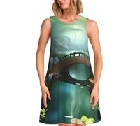 Vestido largo de playa de verano para mujer, túnica sin mangas con vuelo con Little Bridge in the East, estampado completo, ligero y transpirable, Negro, 3XL