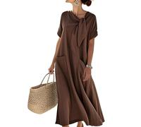 Vestido Largo de Playa para Mujer, Cuello Redondo, Lazo, Manga Corta, Corte Holgado, con Bolsillos, Estilo Relajado, Color café, Talla Extragrande.