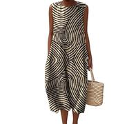 Vestido Largo de Playa sin Mangas para Mujer Rayas Bloques de Color de Puntos Geometría Estampado en 3D O Cuello Jersey Falda de línea A Elegantes Vestidos Largos de Vacaciones para Damas