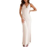 Vestido Largo de satén con Cuello Vuelto sin Mangas, Espalda Descubierta, para invitada de Boda, de Seda, Espalda Abierta, Lazo en la Espalda, Vestidos Formales para Mujer 2024, Champán, XS