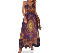Vestido Largo de Sin Mangas para Mujer, Maxi Vestido Estilo Bohemio Chaleco Cuello en V Ropa de Verano Misteriosa Luz De Las Estrellas del Mandala Corte en A para la Playa y Vacaciones Naranja