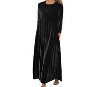 Vestido largo de terciopelo con cuello redondo y mangas 3/4 en un ajuste holgado de gran tamaño con bolsillos para las noches de invierno, Negro, 4XL