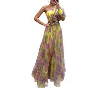 Vestido largo de un hombro para mujer - Vestido largo de verano elegante con diseño tie dye, malla, capas y aberturas, con nudo de flores y diseño plisado para noche, playa, cóctel y boda, Amarillo, L