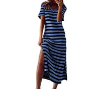 Vestido Largo de Verano a Rayas para Mujer, Manga Corta, Cuello en V, Casual, Holgado, Largo, para Playa, Vestidos Largos de algodón Casual
