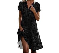 Vestido largo de verano, casual, holgado, cómodo, cuello en V, manga corta, estampado de lunares, vestido camisero para mujer, Negro, L