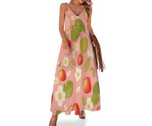 Vestido Largo de Verano con Tirantes Delgados para Mujer - Estilo De Chica Dulce - Casual - Cuello en V - Sin Mangas - Maxi Vestidos Fresa para Playa Vacaciones