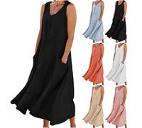 Vestido largo de verano de lino y algodón para mujer, sin mangas, elegante, fluido, talla grande, holgado, cómodo, con bolsillos, #01 negro, XXXXL