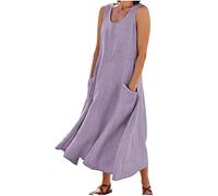 Vestido largo de verano de lino y algodón para mujer, sin mangas, elegante, fluido, talla grande, holgado, cómodo, con bolsillos, #012 Morado, M