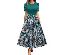 Vestido largo de verano de manga corta con estampado para mujer, vestido largo de verano 2026, manga abombada, casual, vacaciones, cintura elástica, vestido floral para primavera y verano, azul