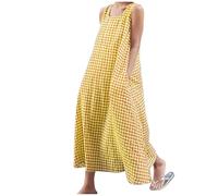 Vestido largo de verano para mujer, casual, holgado, a cuadros, sin mangas, cuello cuadrado, a cuadros, vestido largo de playa con bolsillos, amarillo, XXL