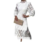 Vestido largo de verano para mujer, con encaje ahuecado, cuello alto, manga abombada, color liso, blanco, M